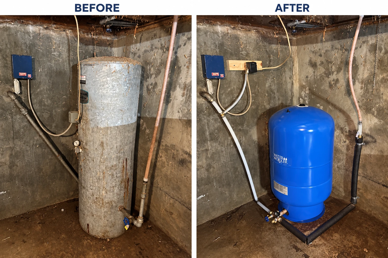 Before and after a pressure tank replacement: an older galvanized tank and the replacement blue pressure tank